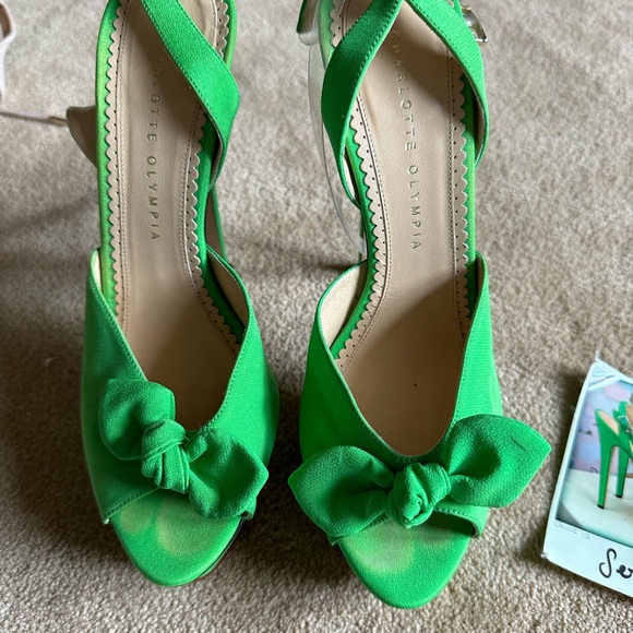 Charlotte Olympia Gren Satin Serena Bow PVC Ankle Strap Platform Sandals Size 39 - Picture 6 of 8